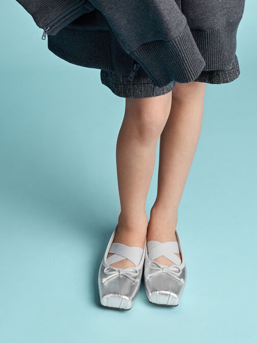 Girls' Metallic Bow Square-Toe Crossover-Strap Ballet Flats, Silver, hi-res