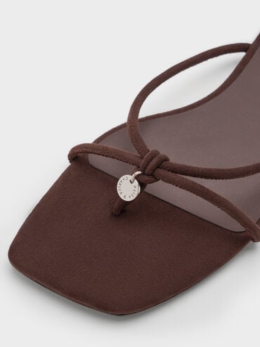 Faux Suede Metallic-Charm Strappy Thong Sandals, Dark Brown Textured, hi-res