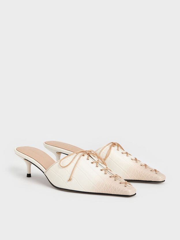 Croc-Effect Lace-Up Pointed-Toe Kitten-Heel Mules, Animal Print Natural, hi-res