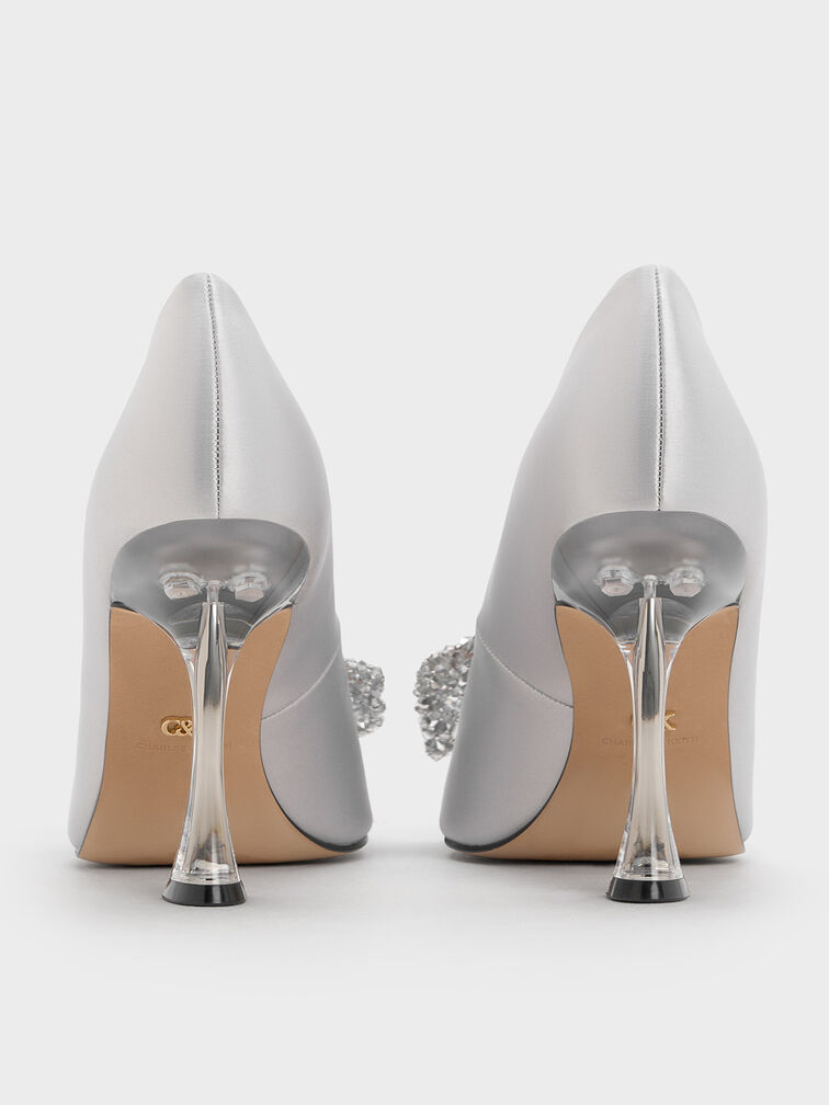 Recycled Polyester Beaded Bow Pumps, Silver, hi-res