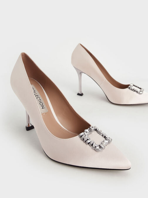 Satin Gem-Embellished Pumps, Cream, hi-res