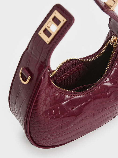 Mini Croc-Effect Moon Bag, Burgundy, hi-res