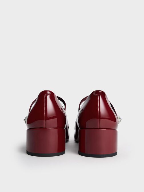 Mocasines de charol Mary Jane adornados con perlas con hebilla de flor, Granate, hi-res