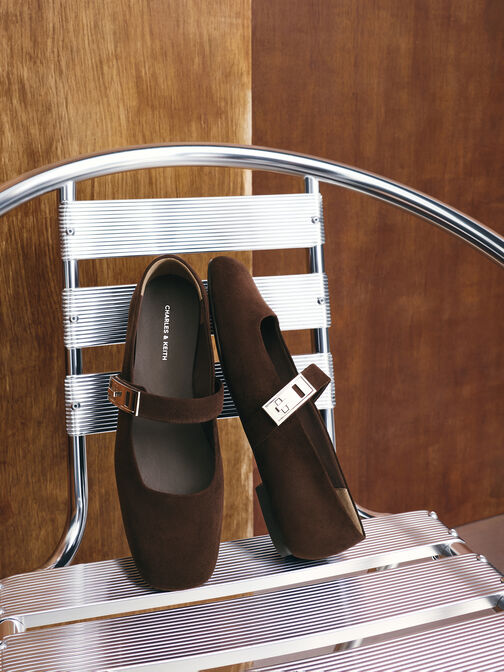 Lando Faux Suede Metallic-Buckle Mary Jane Flats, Dark Brown Textured, hi-res