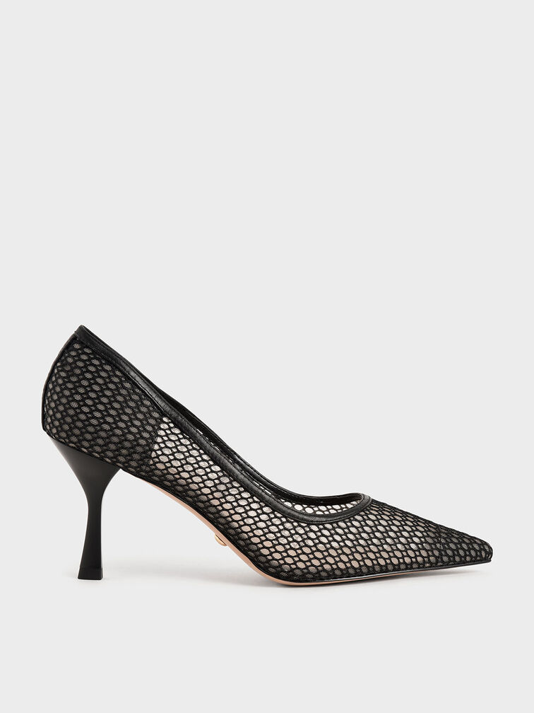 Leather Mesh Pumps, Black, hi-res