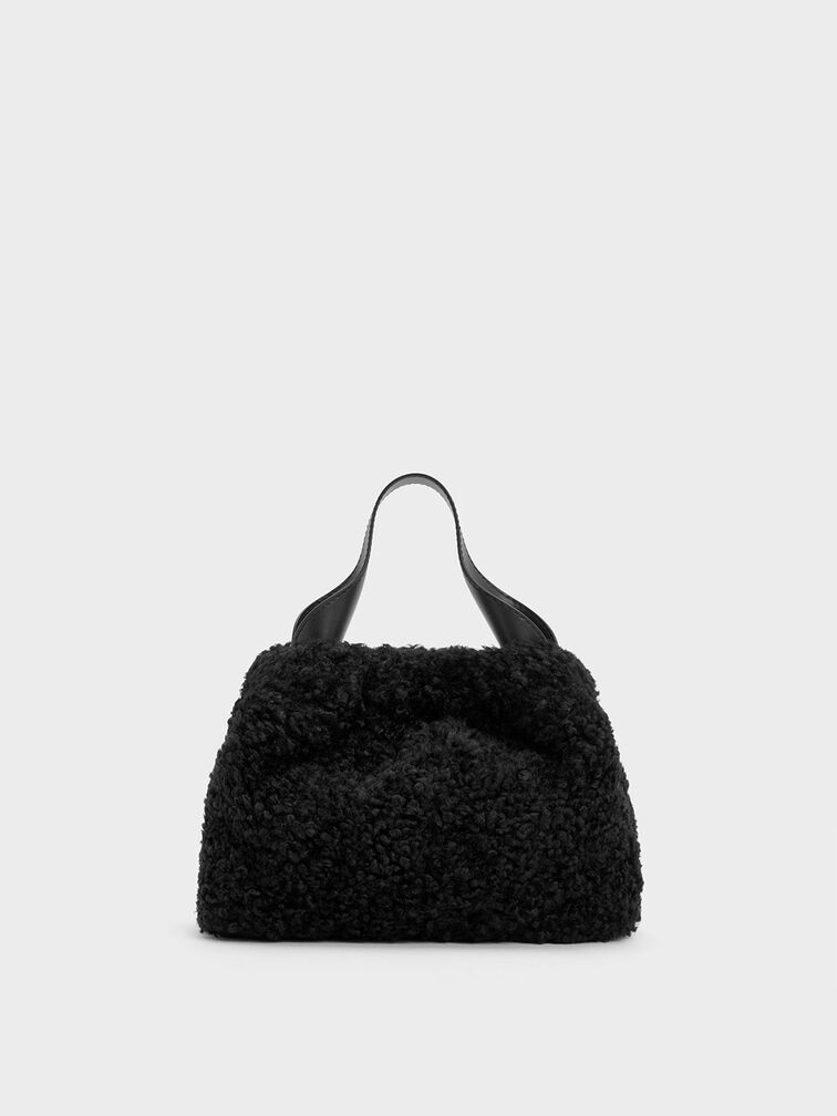Noir Ally Furry Slouchy Chain-Handle Bag - CHARLES & KEITH CA