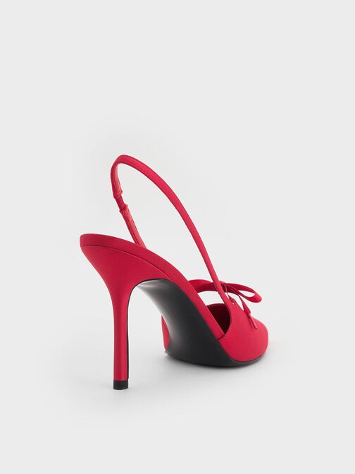 Satin Bow Pointed-Toe Slingback Pumps, Red, hi-res
