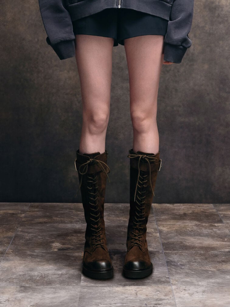 Darian Faux Suede Lace-Up Buckle-Strap Knee-High Boots, Dark Brown Textured, hi-res