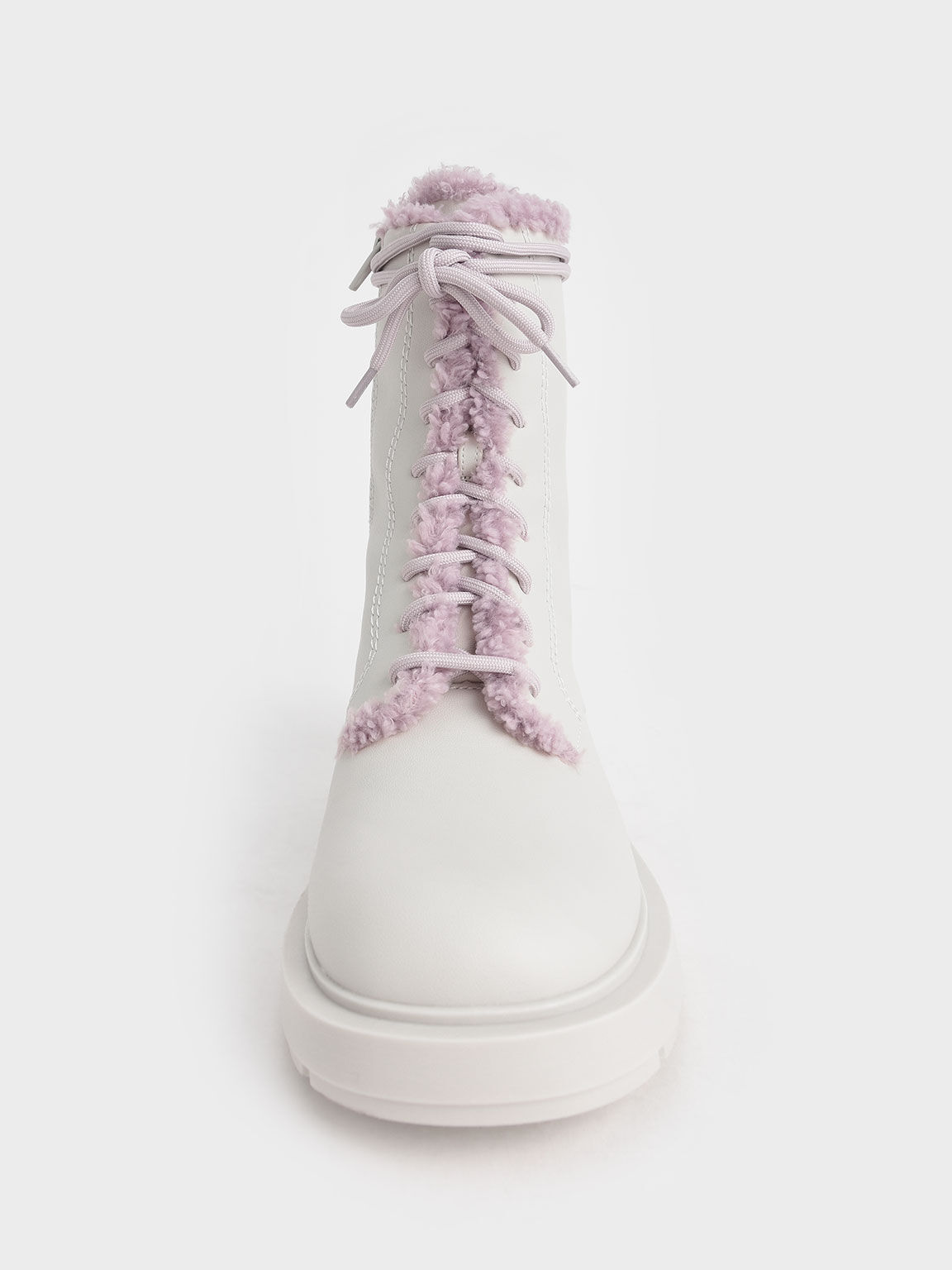Fur-Trim Lace-Up Ankle Boots, Chalk, hi-res