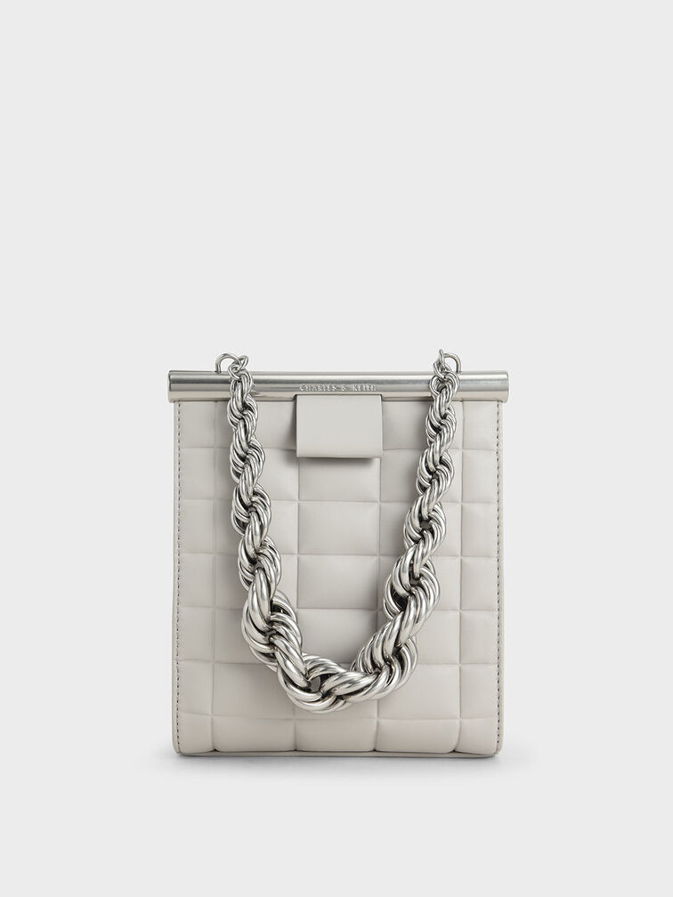 Chunky Chain Link Quilted Bag, Grey, hi-res