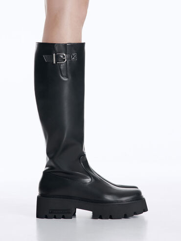 Imogen Side-Buckle Chunky Knee-High Boots, Black, hi-res