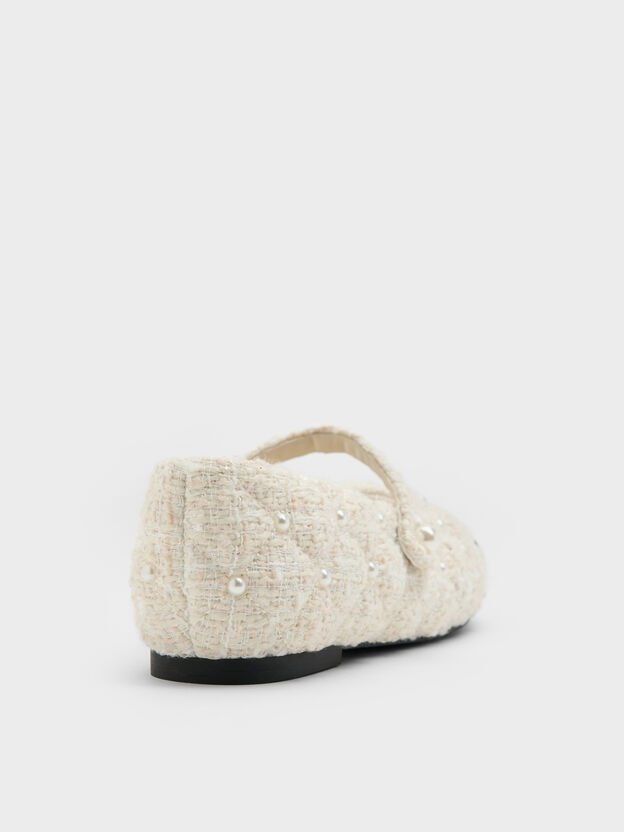 Girls' Tweed Pearl Mary Jane Flats, White, hi-res