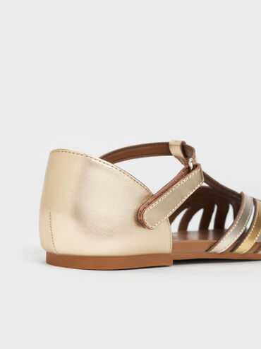 Girls' Metallic Caged T-Bar Sandals, Gold, hi-res