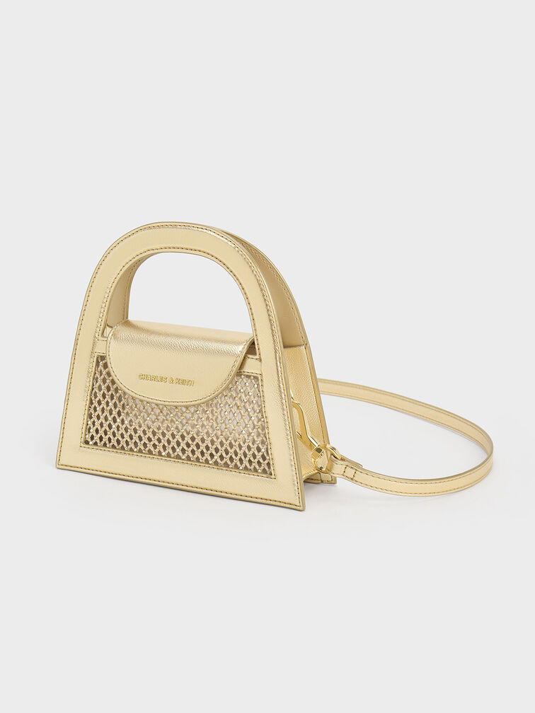 Este Metallic Crystal-Embellished Top Handle Bag, Gold, hi-res