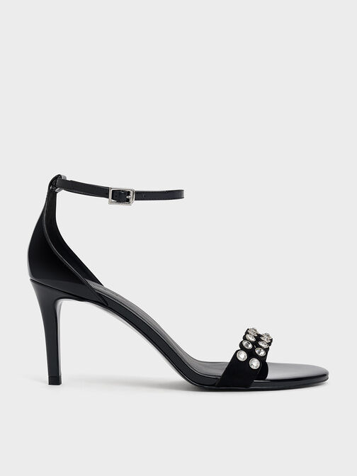 Patent Crystal-Embellished Heeled Ankle-Strap Sandals, Black Patent, hi-res