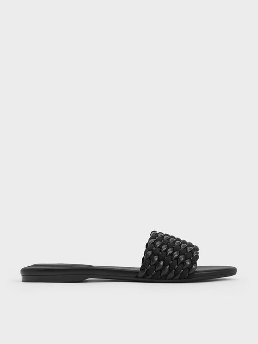 Woven Open-Toe Slides, Black, hi-res