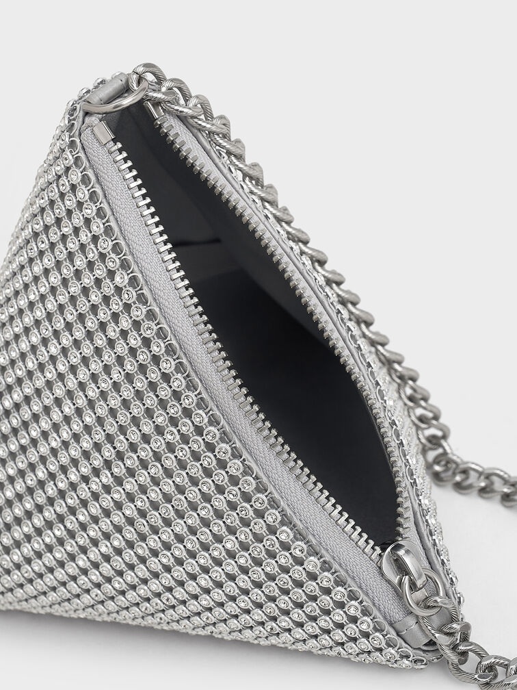 Crystal-Embellished Chain-Handle Triangle Clutch, Silver, hi-res