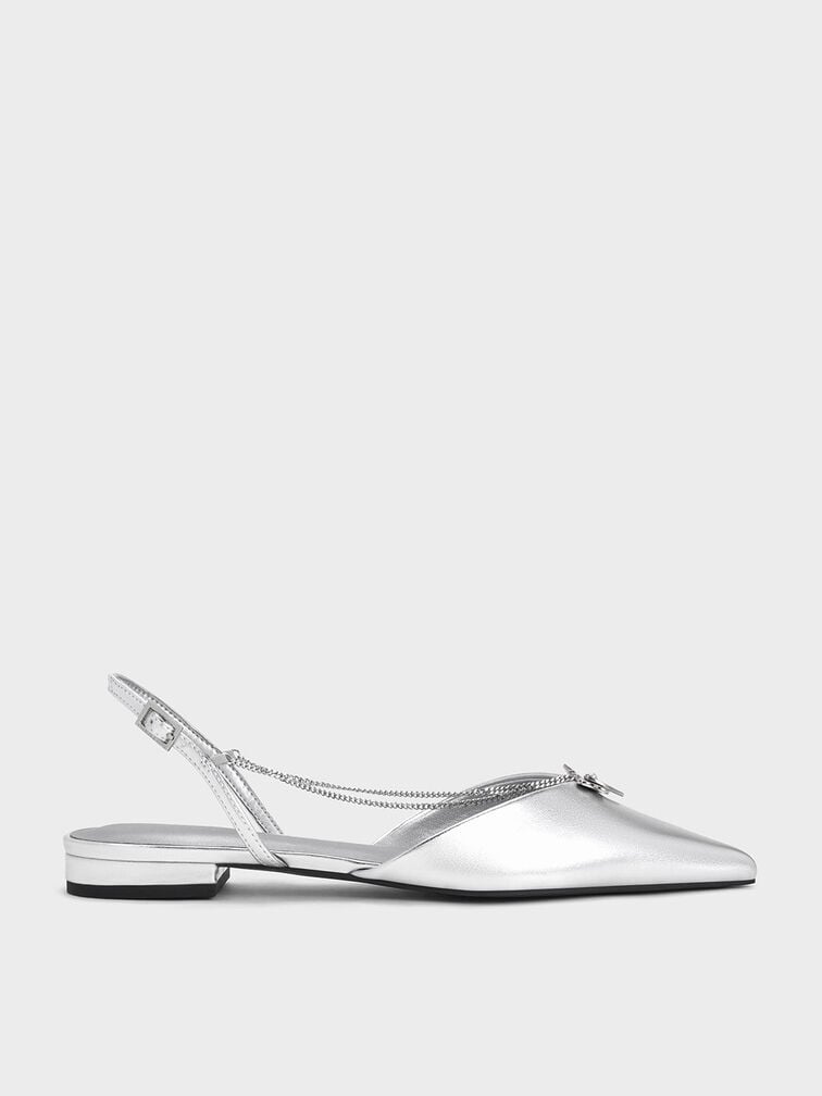 Metallic Flower-Accent Chain-Link Slingback Flats, Silver, hi-res