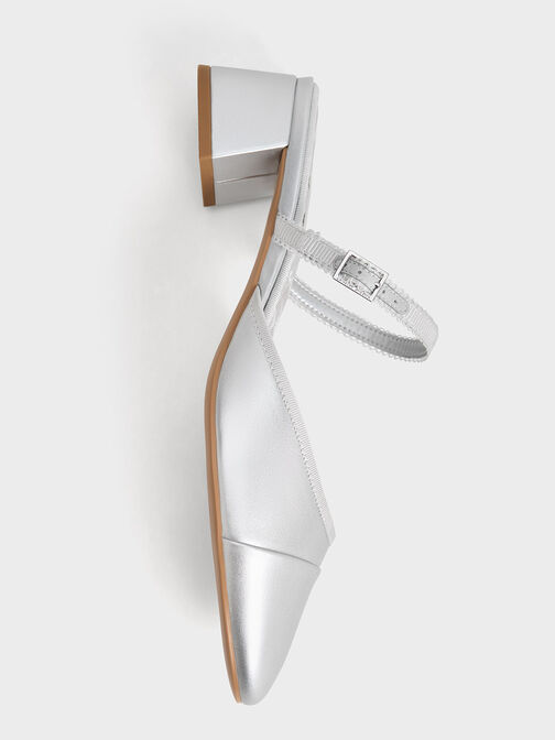 Buckled-Strap Trapeze-Heel Mules, Silver, hi-res