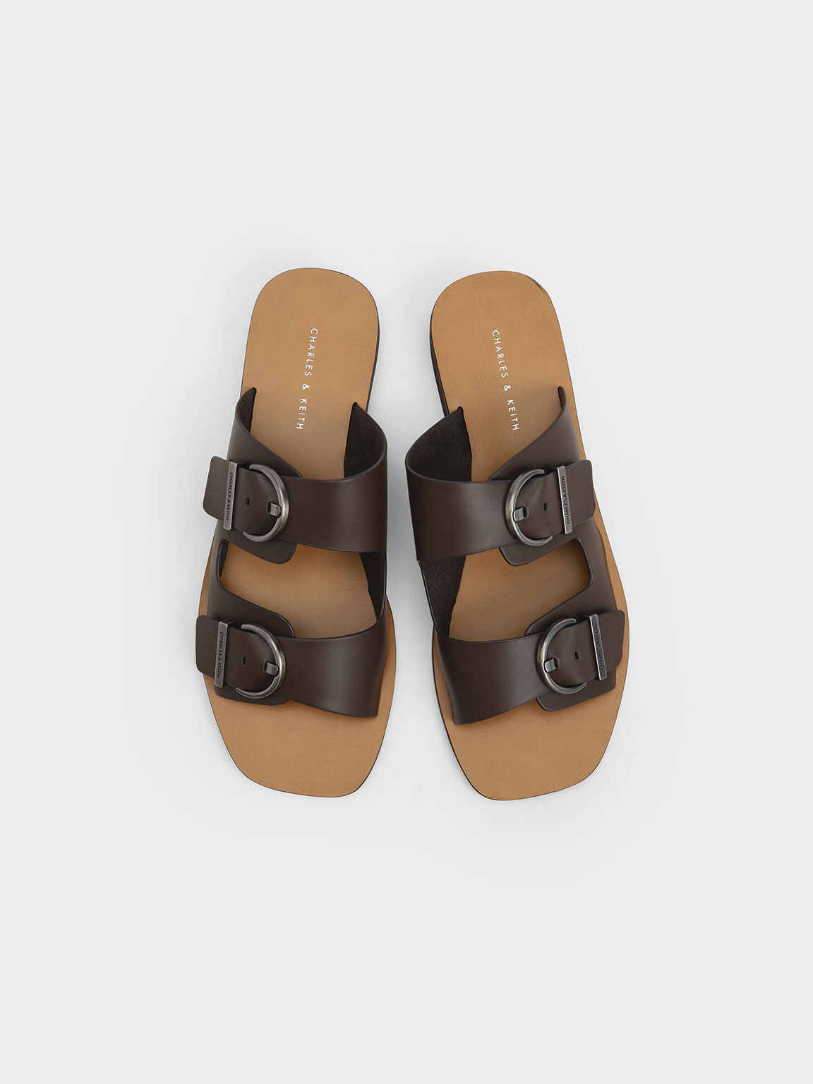 Double Buckle Strap Slide Sandals, Dark Brown, hi-res