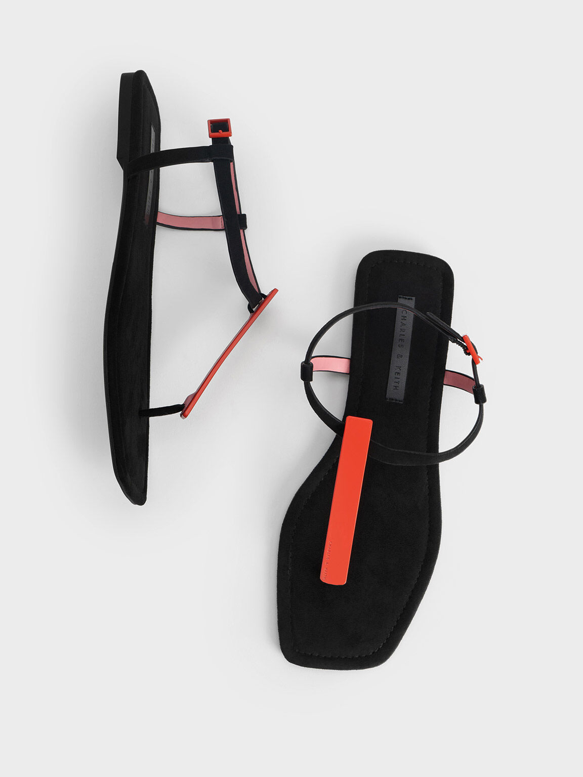 Textured Metallic Accent T-Bar Thong Sandals, Black Satin, hi-res