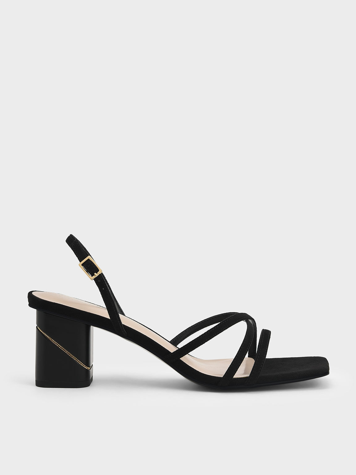 Black Textured Square Toe Slingback Sandals - CHARLES & KEITH International