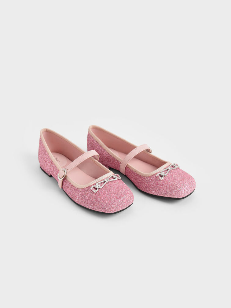 Girls' Metallic Accent Glittered Mary Janes, Pink, hi-res