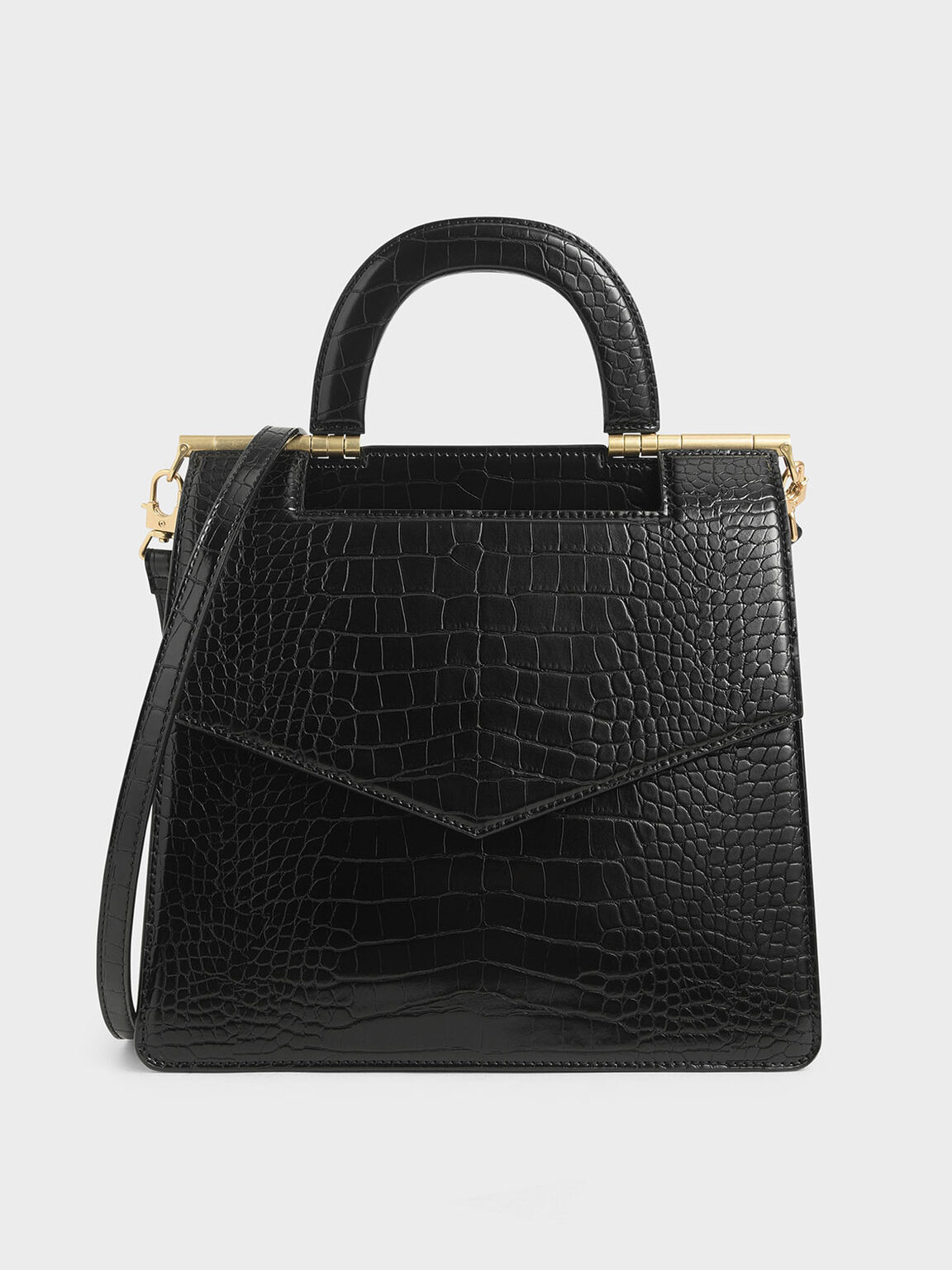 Croc-Effect Envelope Bag, Black, hi-res