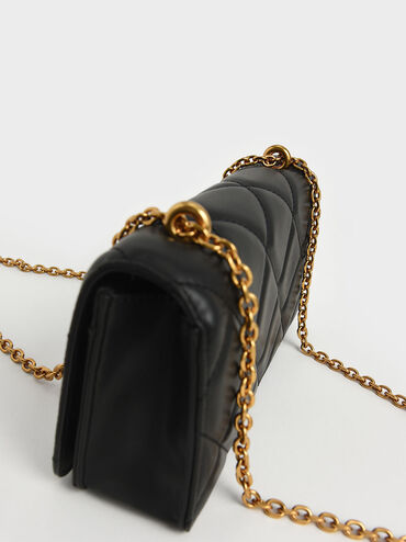 Cartera larga acolchada con asa de cadena Paffuto, Negro, hi-res