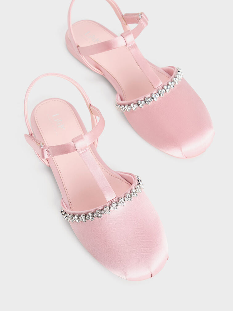 Girls' Satin Gem-Embellished T-Bar Flats, Pink, hi-res