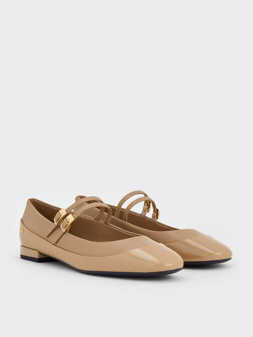 Leather & Patent Double-Strap Mary Jane Flats, Taupe, hi-res
