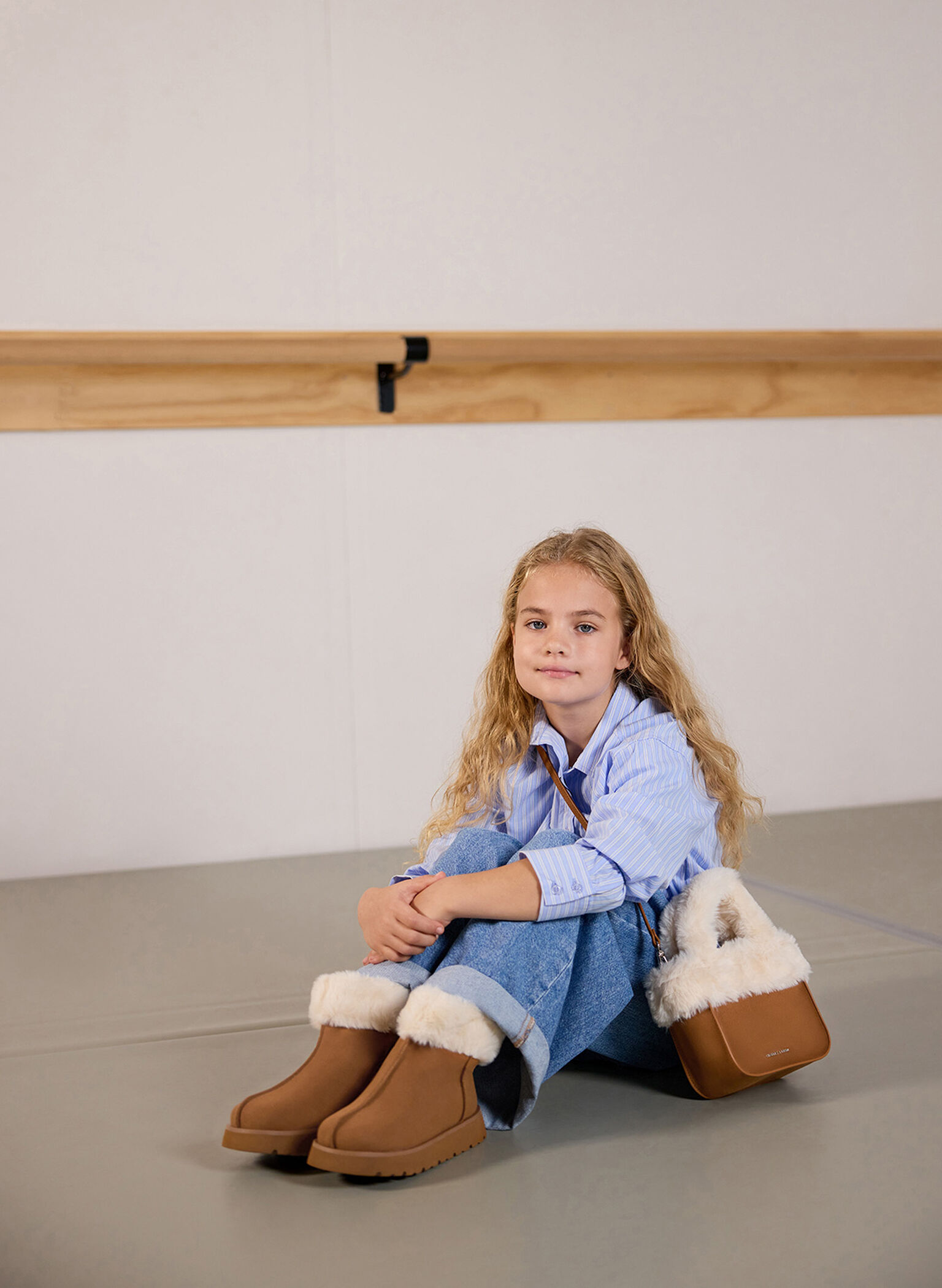 Girls' Textured Fur-Trim Tote Bag, Brown, hi-res