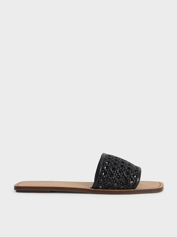 Woven Slide Sandals, Black, hi-res