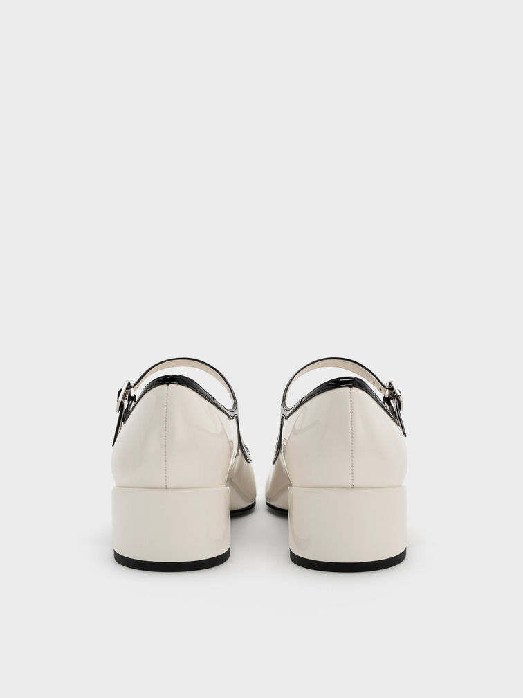 Patent Contrast-Trim Double-Strap Mary Jane Pumps, White, hi-res