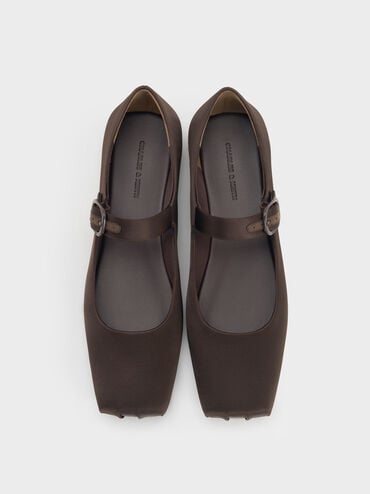 Satin Buckled Square-Toe Mary Jane Flats, Dark Brown Textured, hi-res