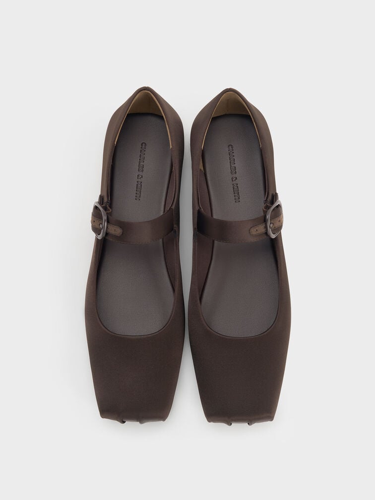Satin Buckled Square-Toe Mary Jane Flats, Dark Brown Textured, hi-res