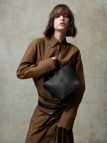 Beryl Recycled Leather Double-Handle Belted Bucket Bag, Black, hi-res