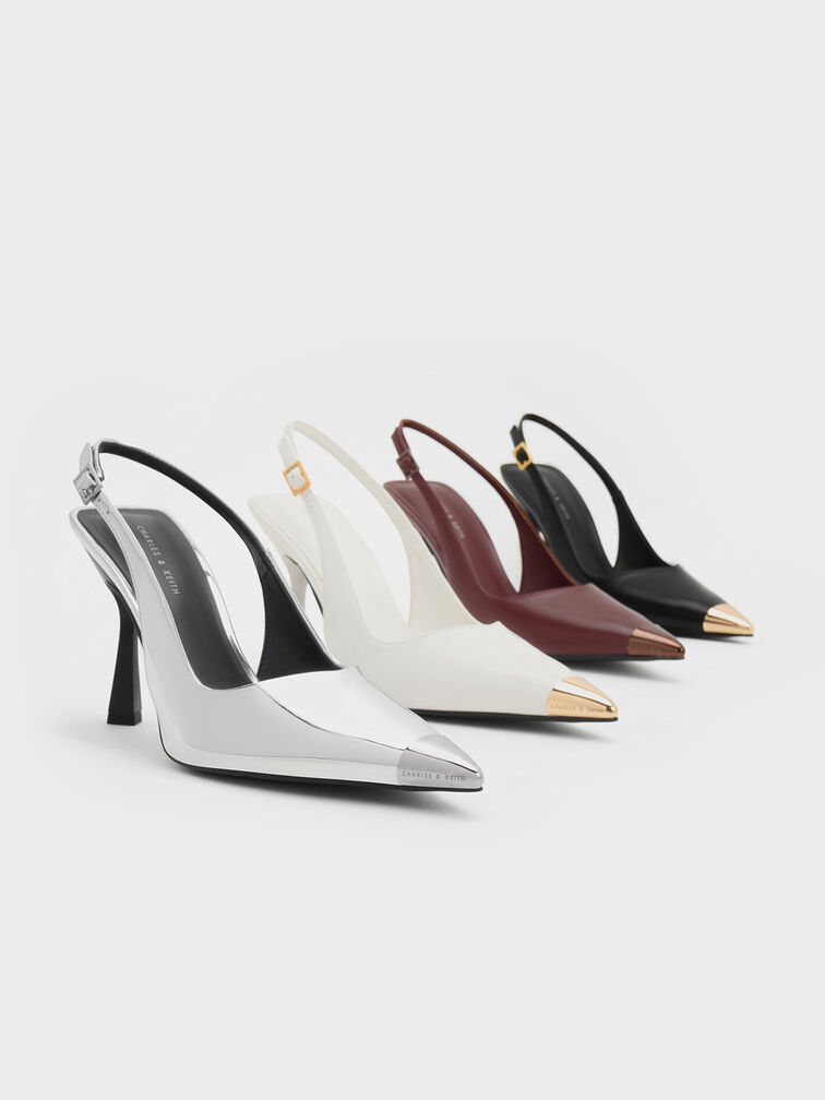 Metallic Cap Pointed-Toe Slingback Pumps, Silver, hi-res
