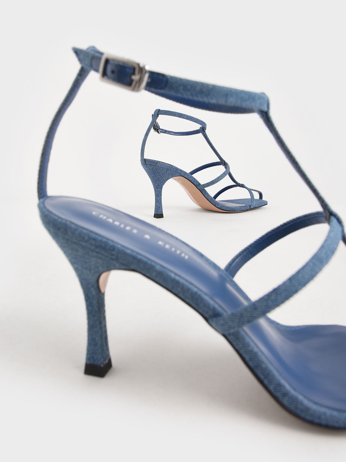 Denim Caged Strappy Heeled Sandals, Blue, hi-res
