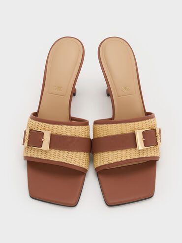 Mules con tacón en piel y rafia con hebilla Whitney, Marrón, hi-res
