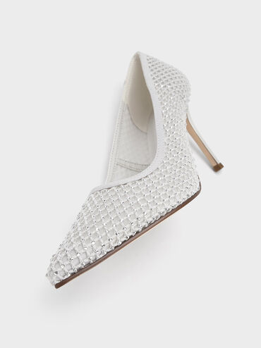 Mesh Crystal-Embellished Pointed-Toe Pumps, White, hi-res