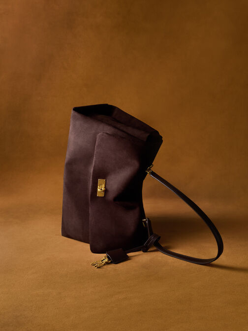 Kerry Recycled Suede Top Handle Satchel Bag, Espresso Brown, hi-res