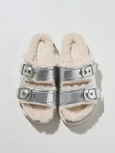 Hannah Metallic Furry Buckled Double-Strap Sandals, Silver, hi-res
