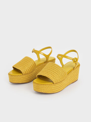 麻繩厚底涼鞋, 黃色, hi-res