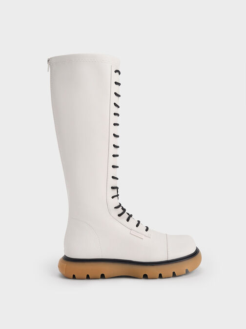Gum Sole Lace-Up Knee-High Boots, White, hi-res