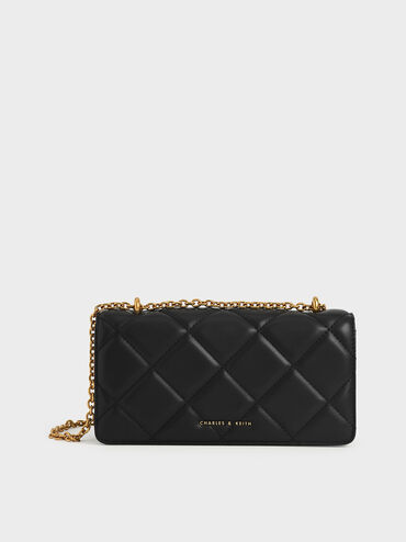 Cartera larga acolchada con asa de cadena Paffuto, Negro, hi-res