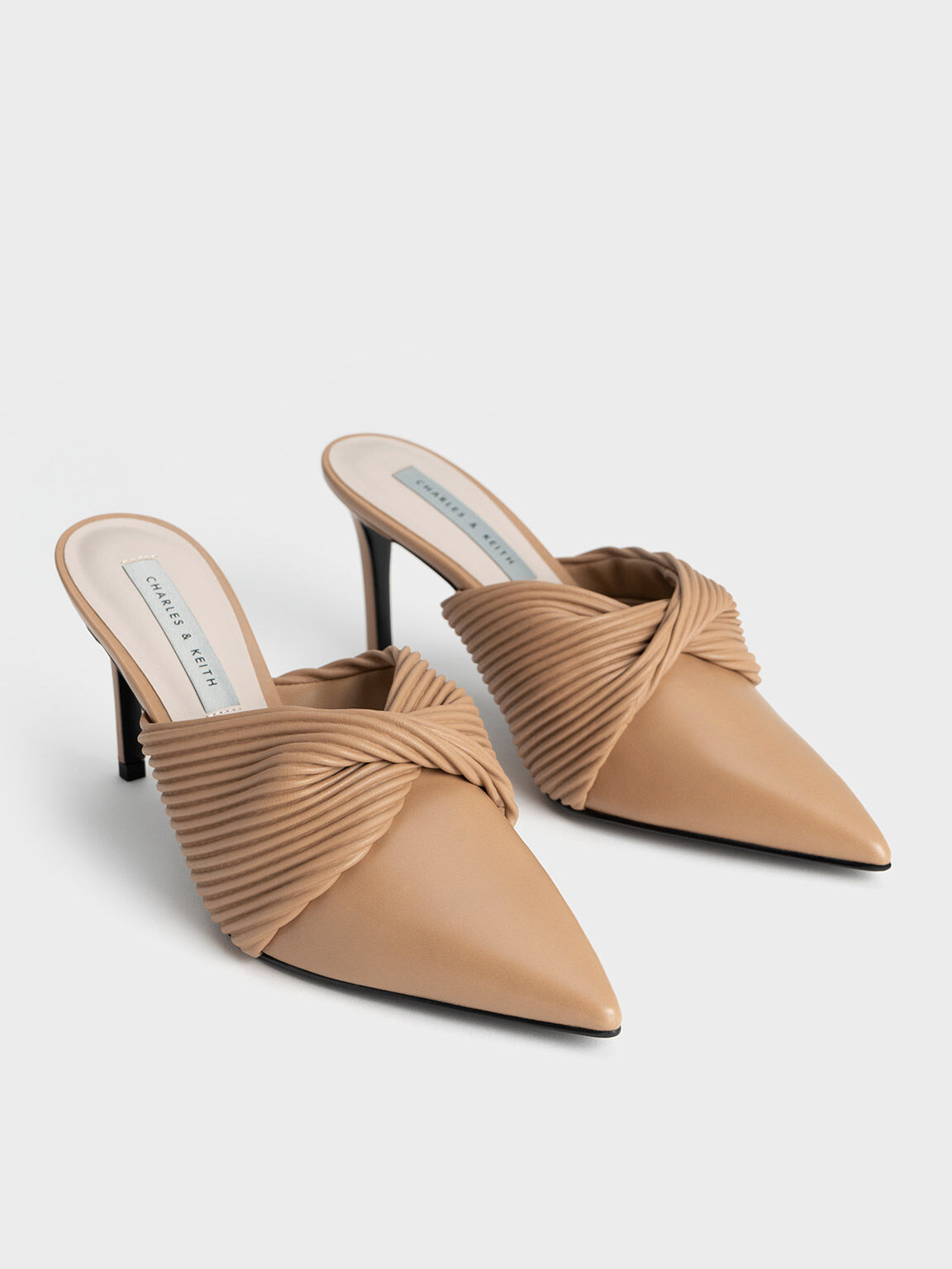 Pleated Wrap Heeled Mules, Sand, hi-res