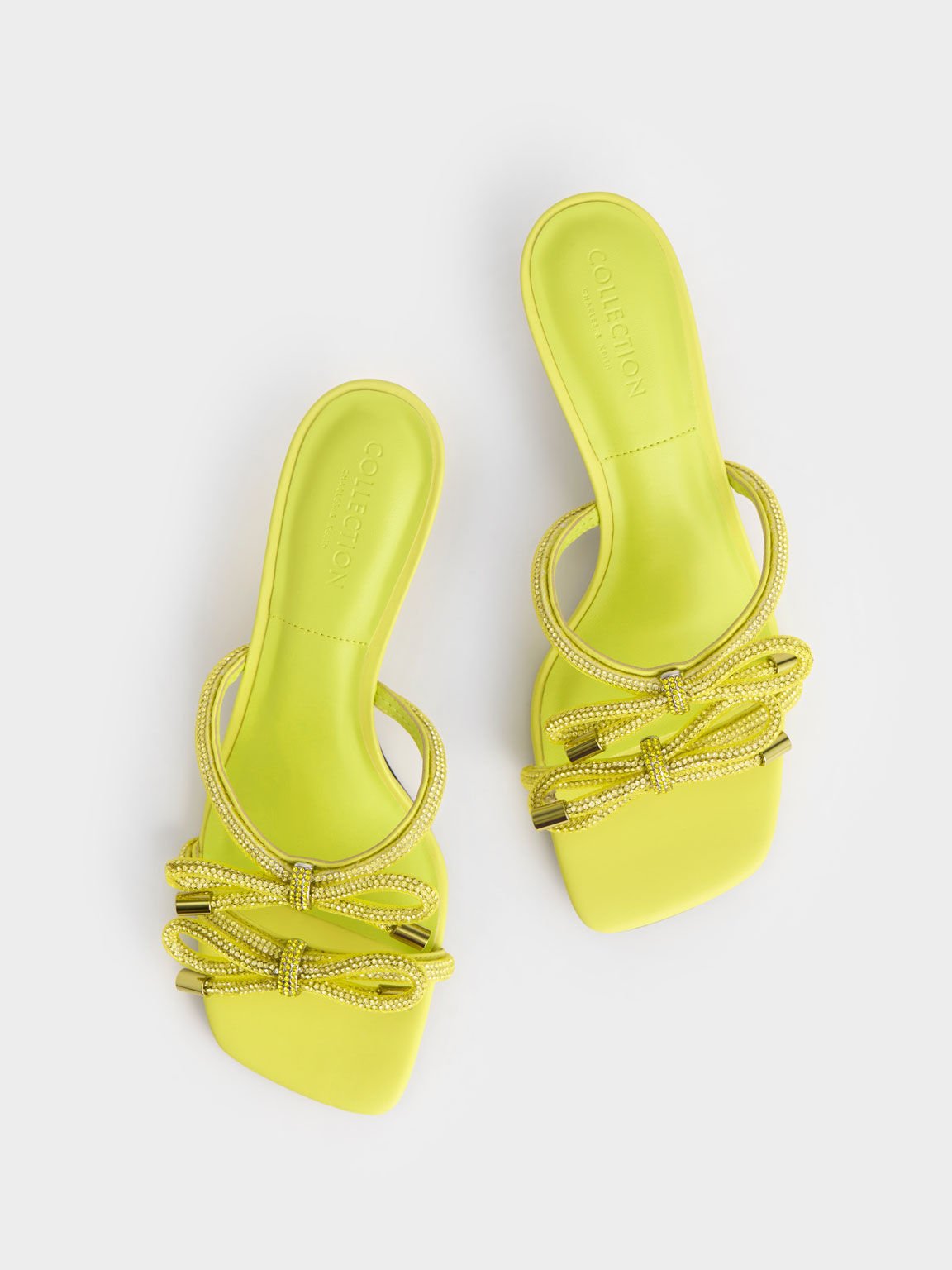 Gem-Embellished Bow-Tie Mules, Yellow, hi-res