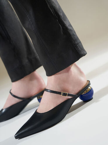 Sculptural Heel Pointed Toe Mules, Black, hi-res