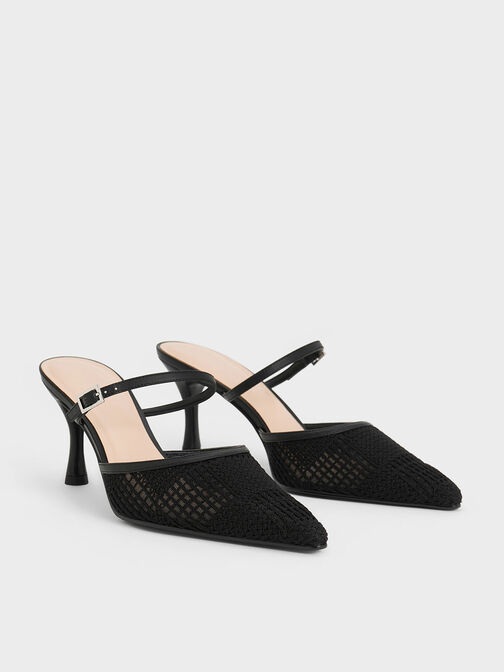 Mesh Woven Heeled Mules, Black Textured, hi-res